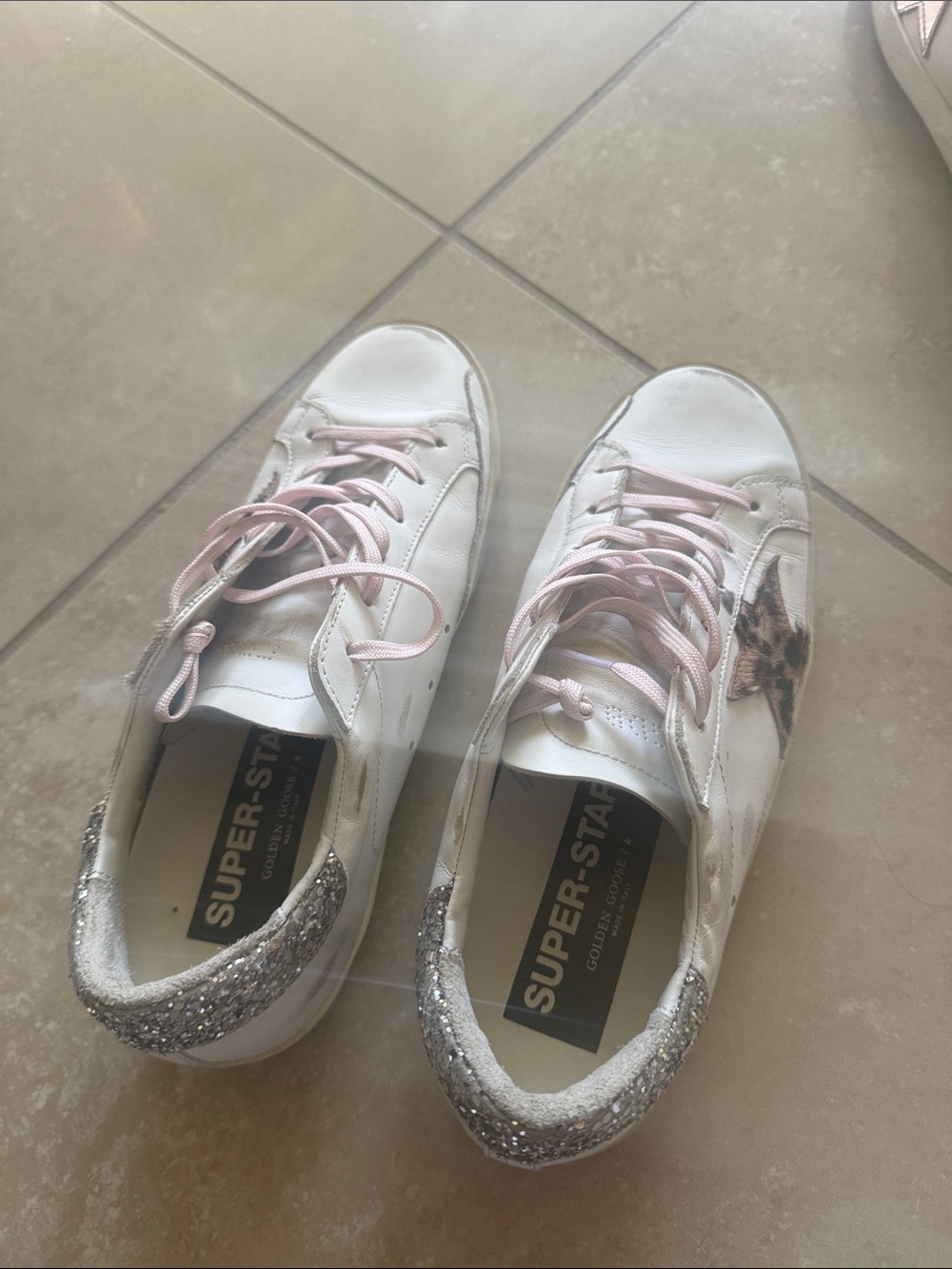 Golden Goose White Sneakers with Pink Laces and Silver Glitter Heel